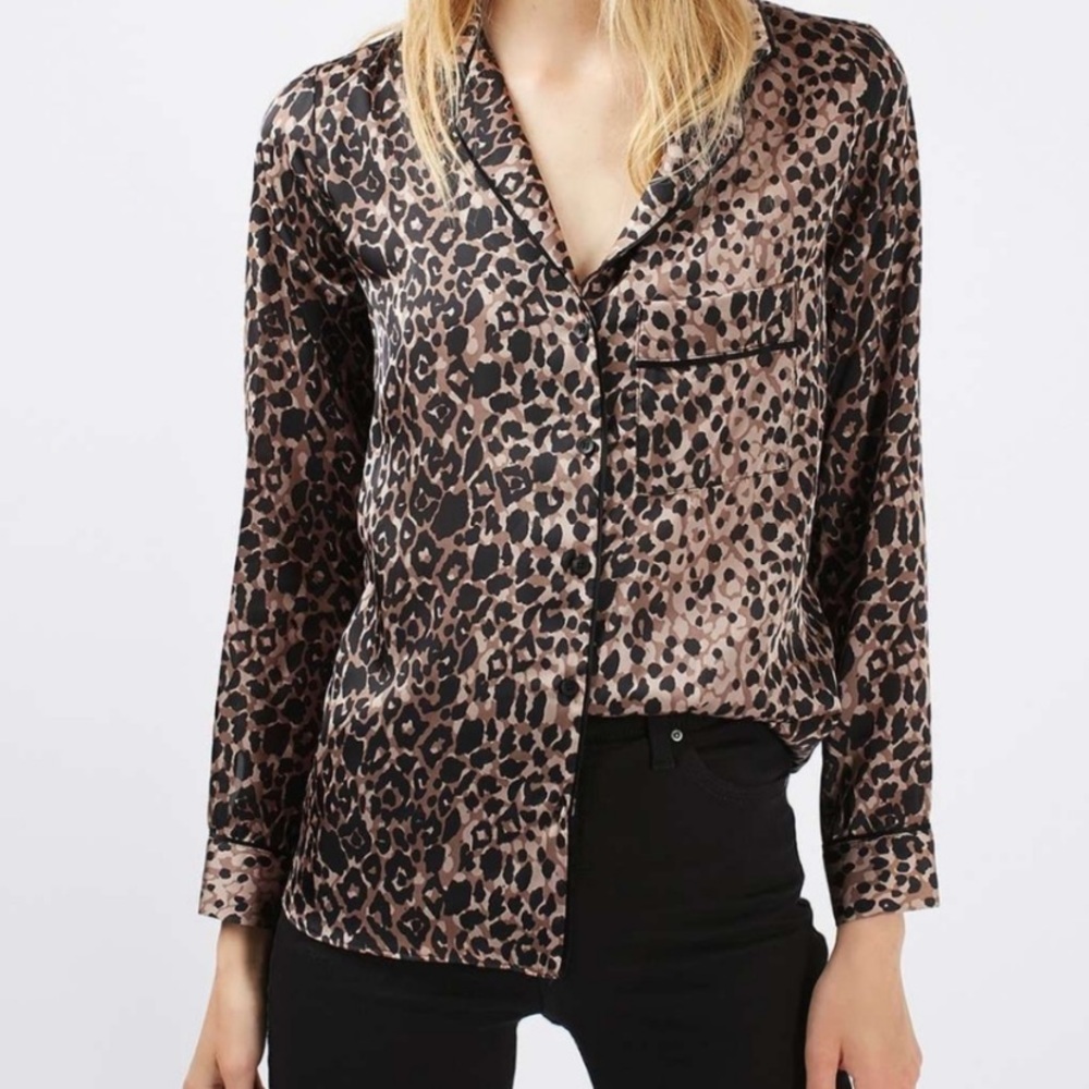 Top shop satin animal print button Up blouse top 6